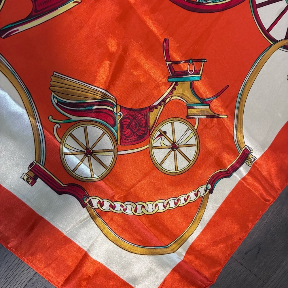 MOSI Orange, White & Gold Carriage-Print Silk-Feel Square Scarf - Picture 9 of 10